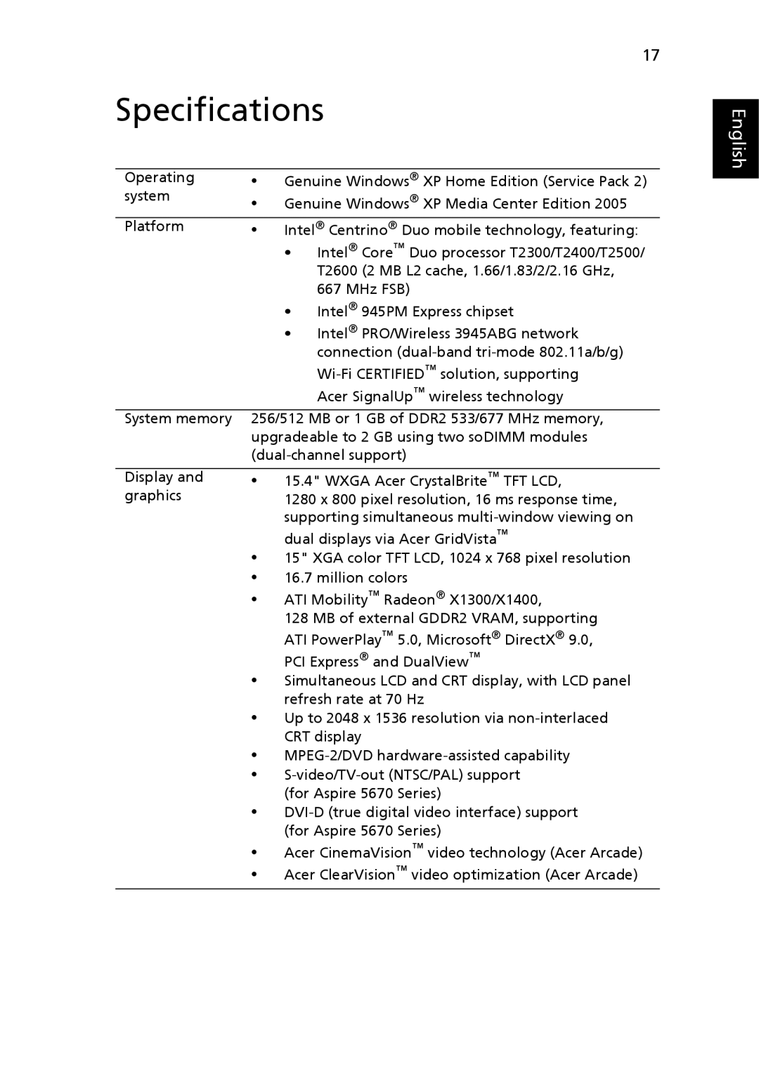 Acer Aspire 5620, 5670 manual Specifications 