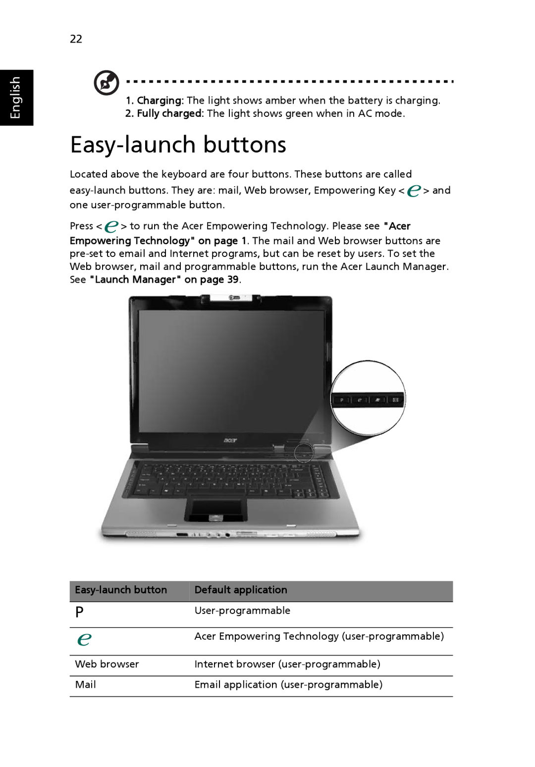 Acer 5670, Aspire 5620 manual Easy-launch buttons, Easy-launch button Default application 