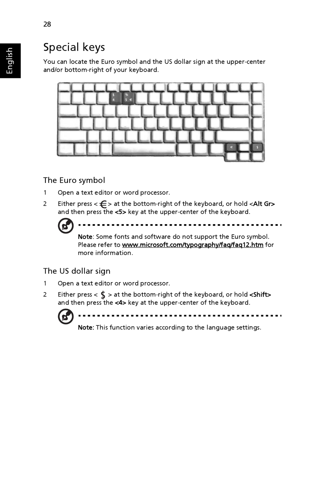 Acer 5670, Aspire 5620 manual Special keys, Euro symbol, US dollar sign 