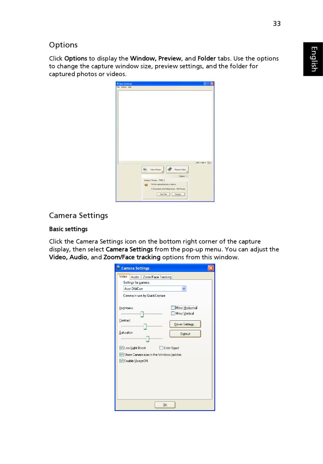 Acer Aspire 5620, 5670 manual Options, Camera Settings, Basic settings 