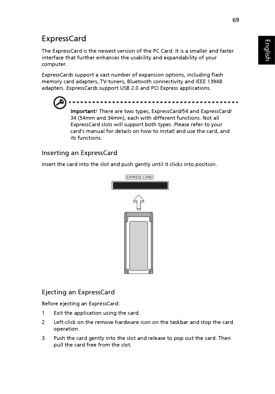 Acer Aspire 5620, 5670 manual Inserting an ExpressCard, Ejecting an ExpressCard 