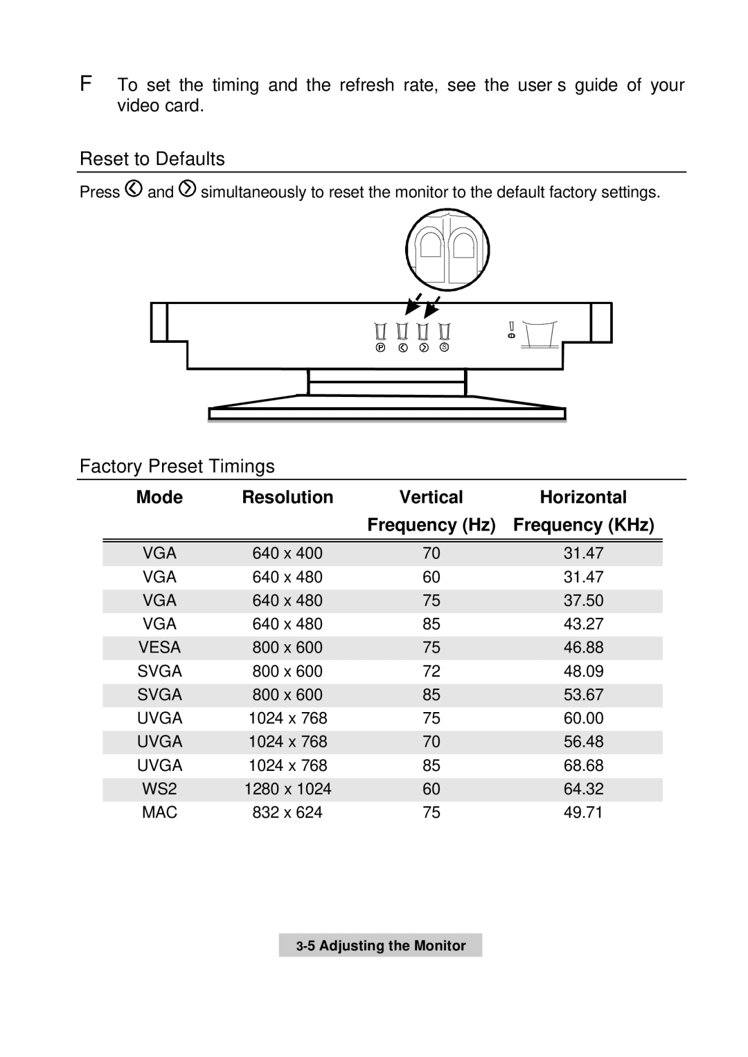 Acer 56c user manual Reset to Defaults, Factory Preset Timings, Mode Resolution, Frequency Hz Frequency KHz 