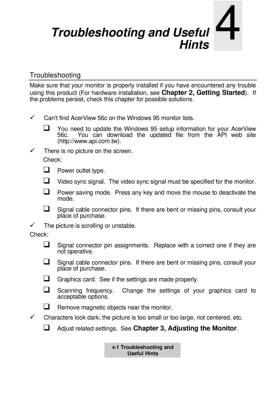 Acer 56c user manual Troubleshooting and Useful Hints, Adjust related settings. See , Adjusting the Monitor 