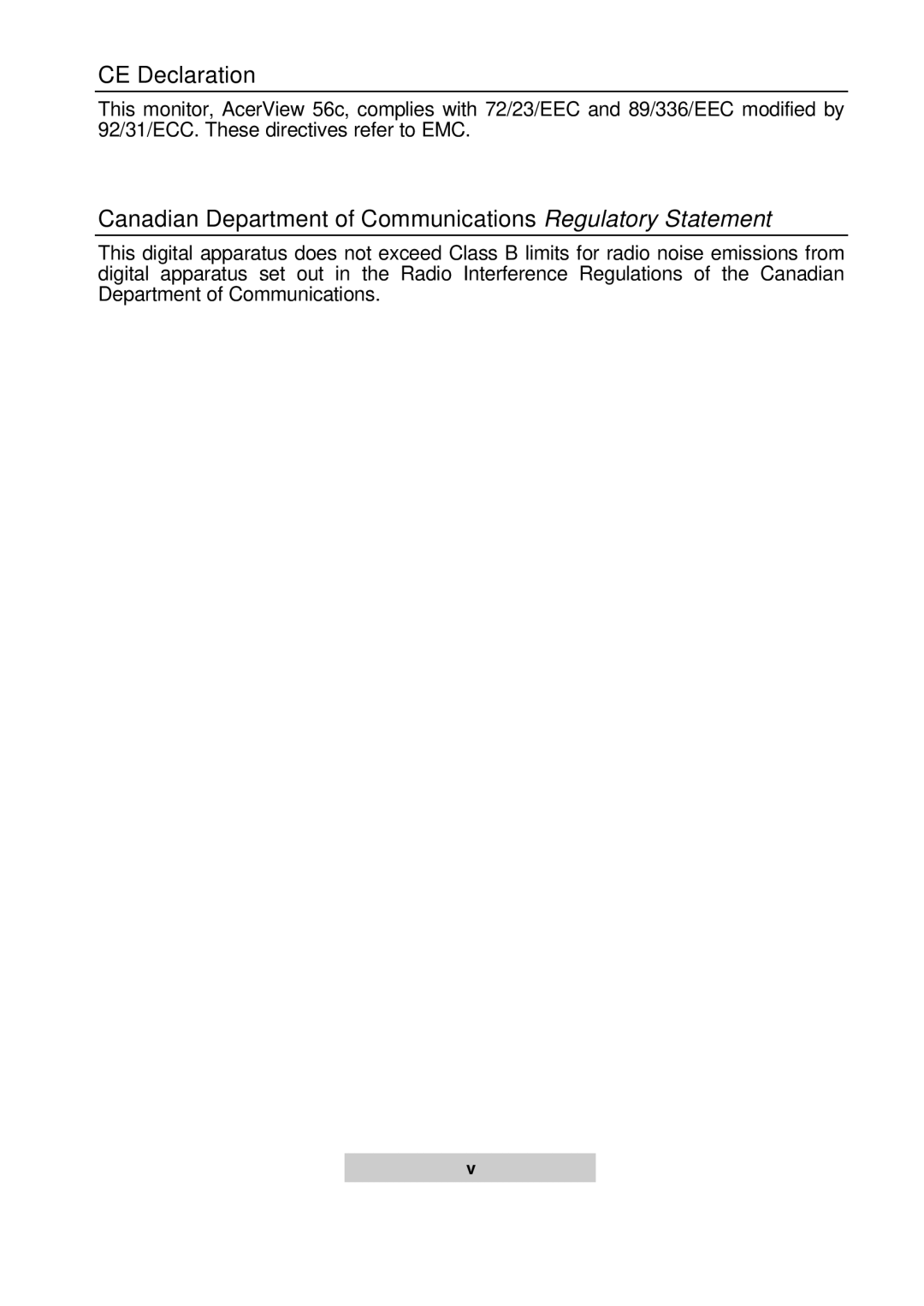 Acer 56c user manual CE Declaration, Canadian Department of Communications Regulatory Statement 