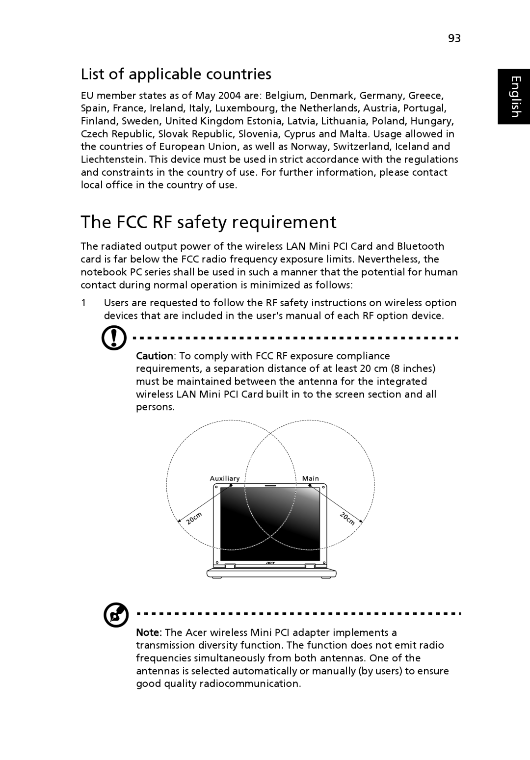 Acer 5715, 5720 Series, 5720G Series manual FCC RF safety requirement, List of applicable countries 