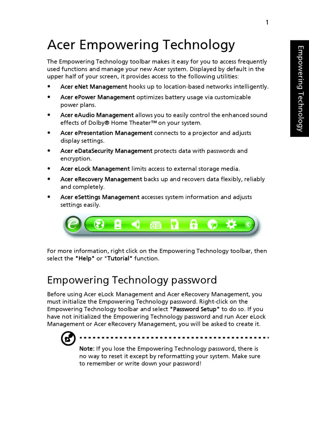 Acer 5720 Series, 5720G Series, 5715 manual Acer Empowering Technology, Empowering Technology password 