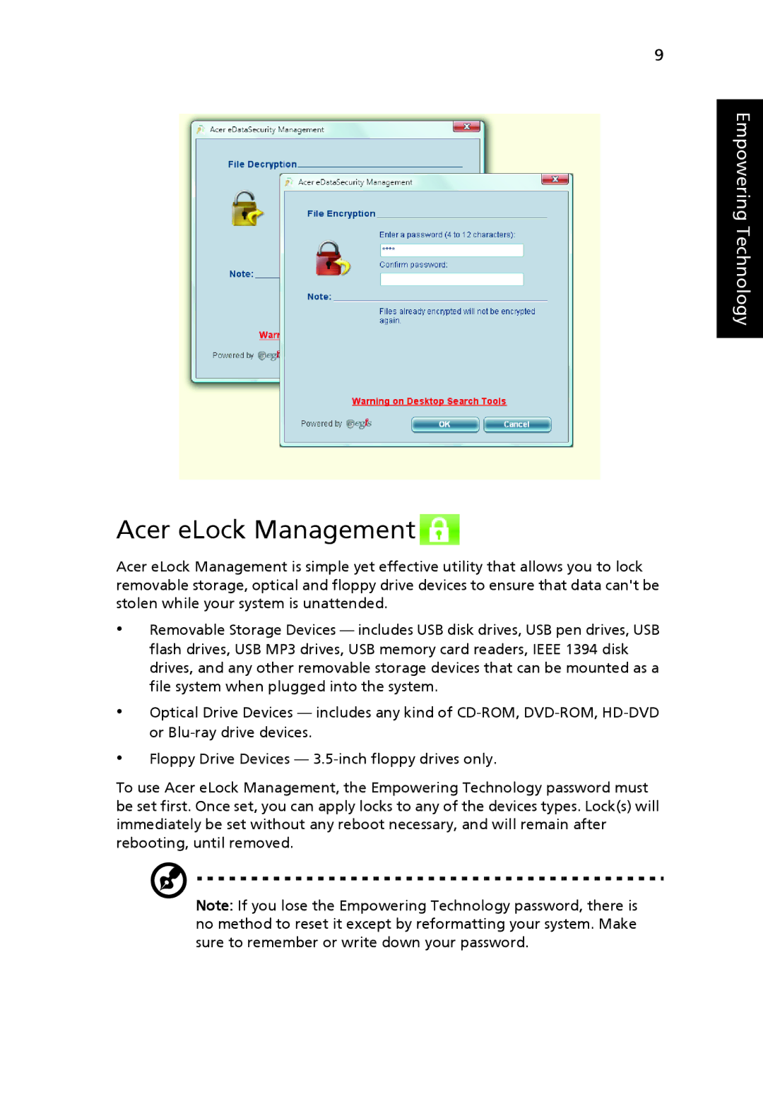 Acer 5715, 5720 Series, 5720G Series manual Acer eLock Management 