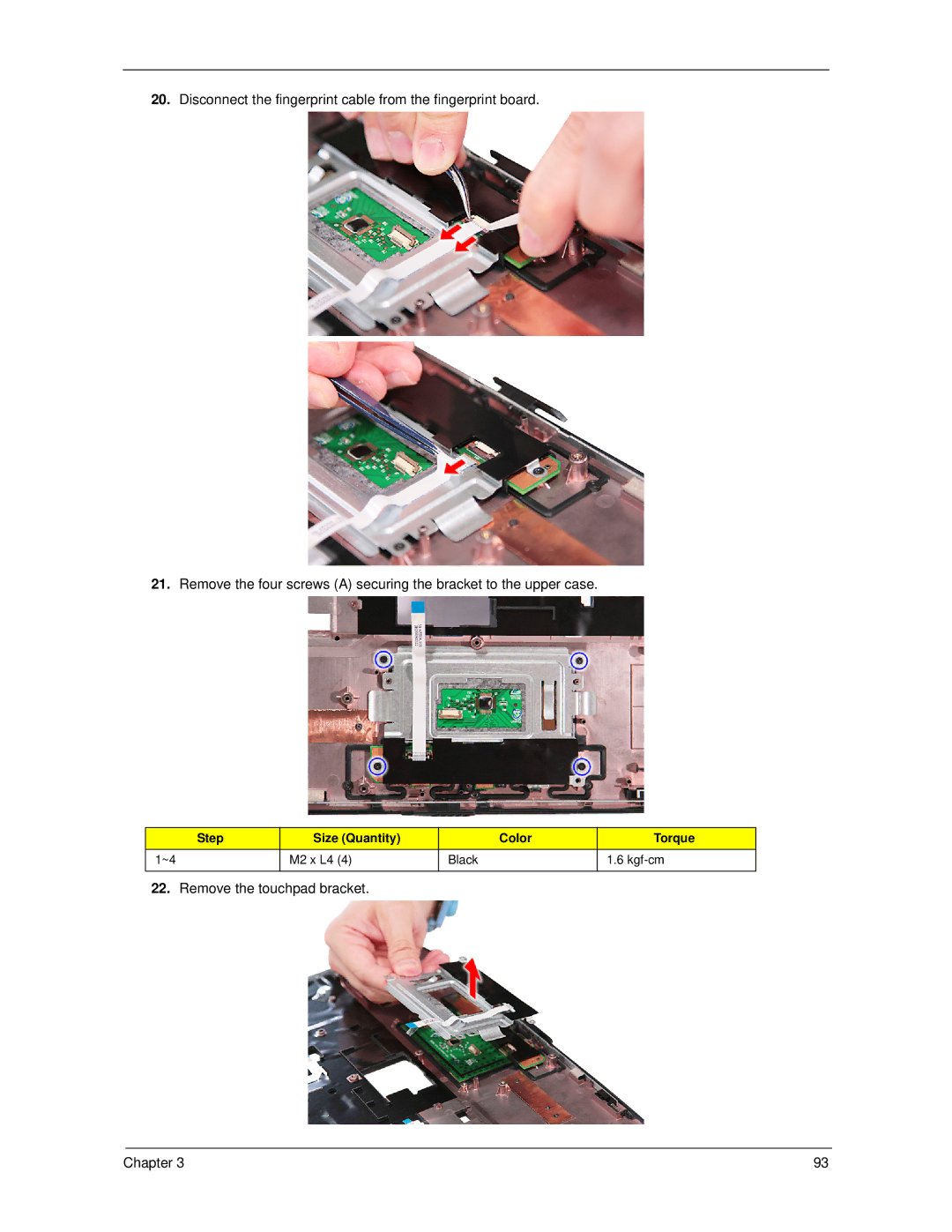 Acer 5930Z, 5730Z manual Remove the touchpad bracket Chapter 