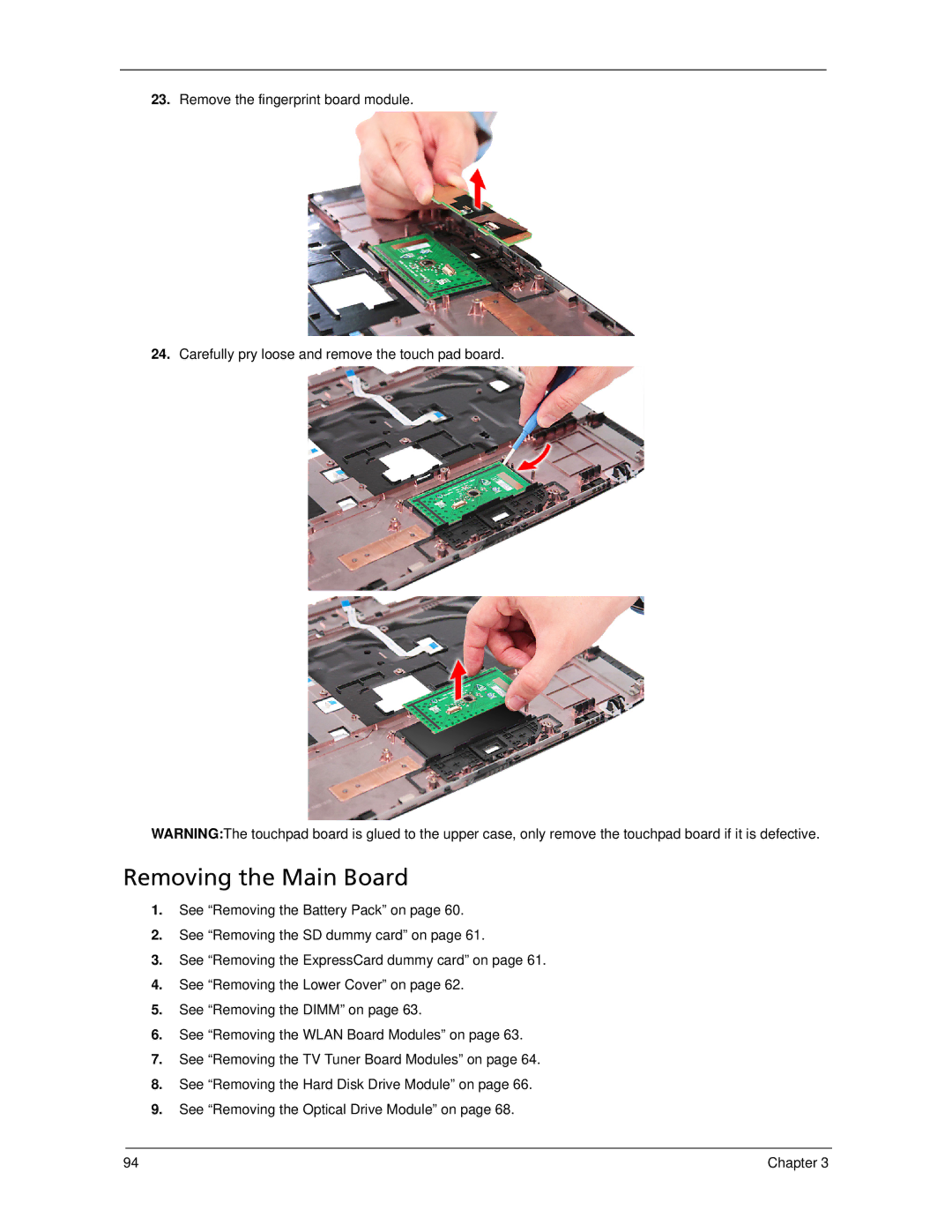 Acer 5730Z, 5930Z manual Removing the Main Board 