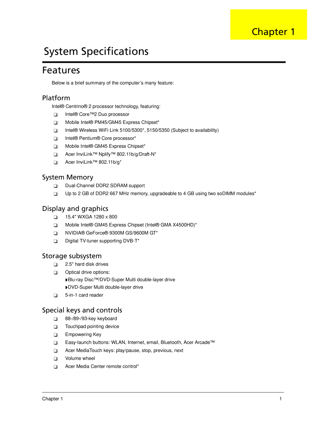 Acer 5930Z, 5730Z manual Chapter, Features, Below is a brief summary of the computer’s many feature 