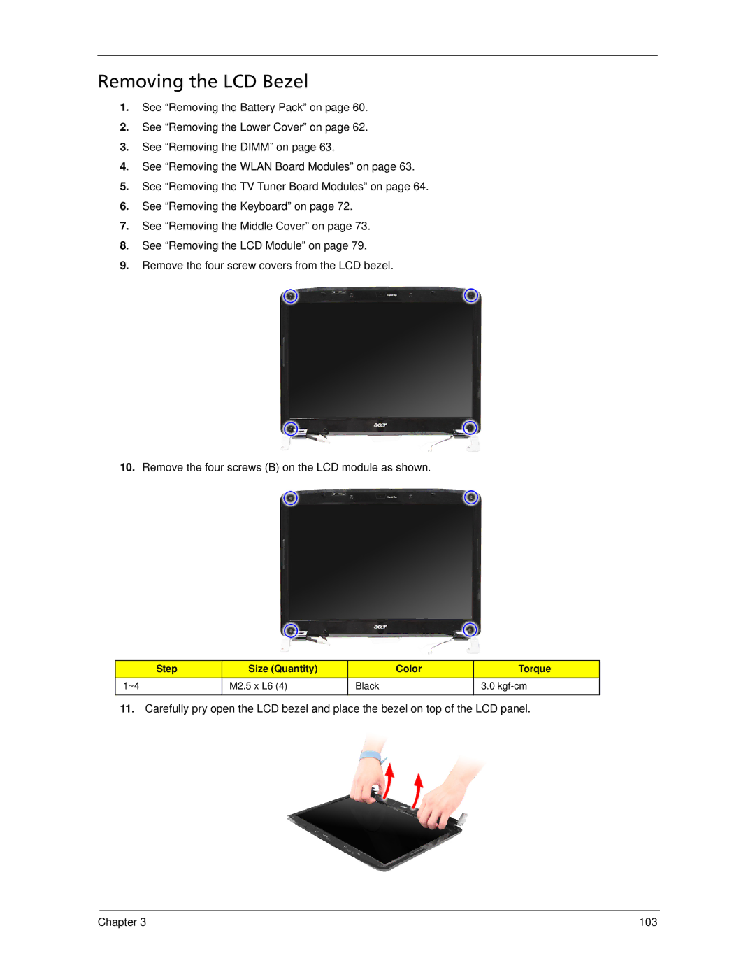 Acer 5930Z, 5730Z manual Removing the LCD Bezel 