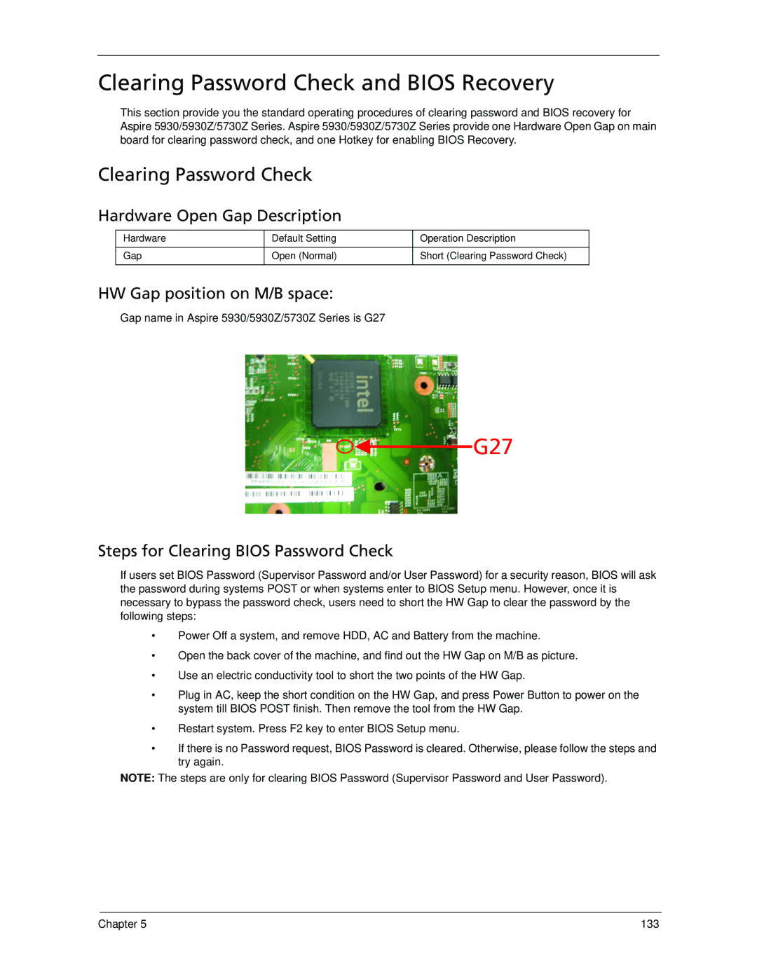 Acer manual Clearing Password Check and Bios Recovery, Gap name in Aspire 5930/5930Z/5730Z Series is G27 