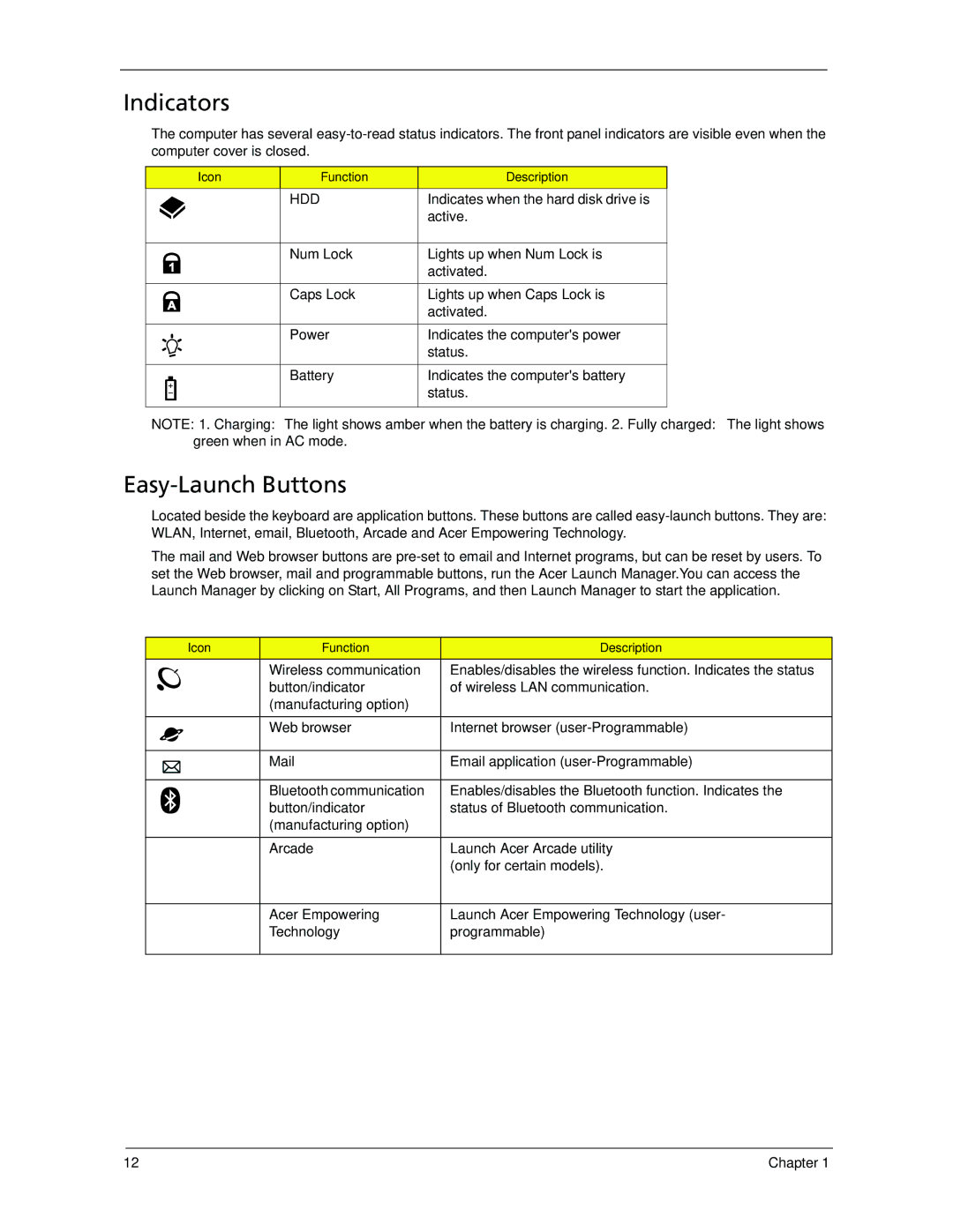 Acer 5730Z, 5930Z manual Indicators, Easy-Launch Buttons, Indicates when the hard disk drive is, Active 