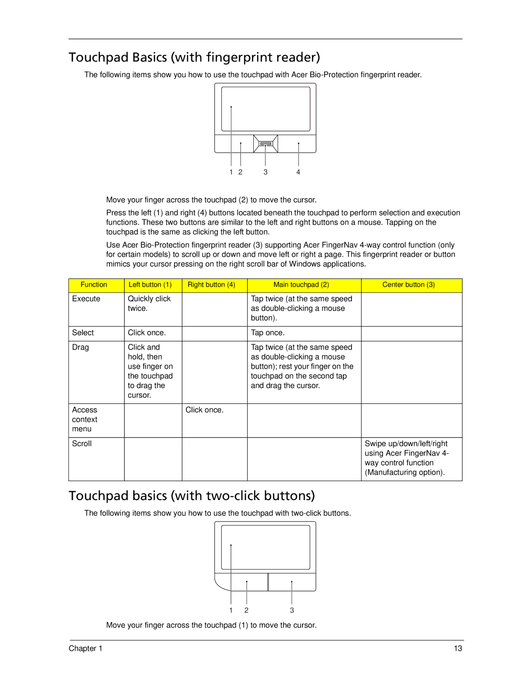 Acer 5930Z, 5730Z manual Touchpad Basics with fingerprint reader, Touchpad basics with two-click buttons 