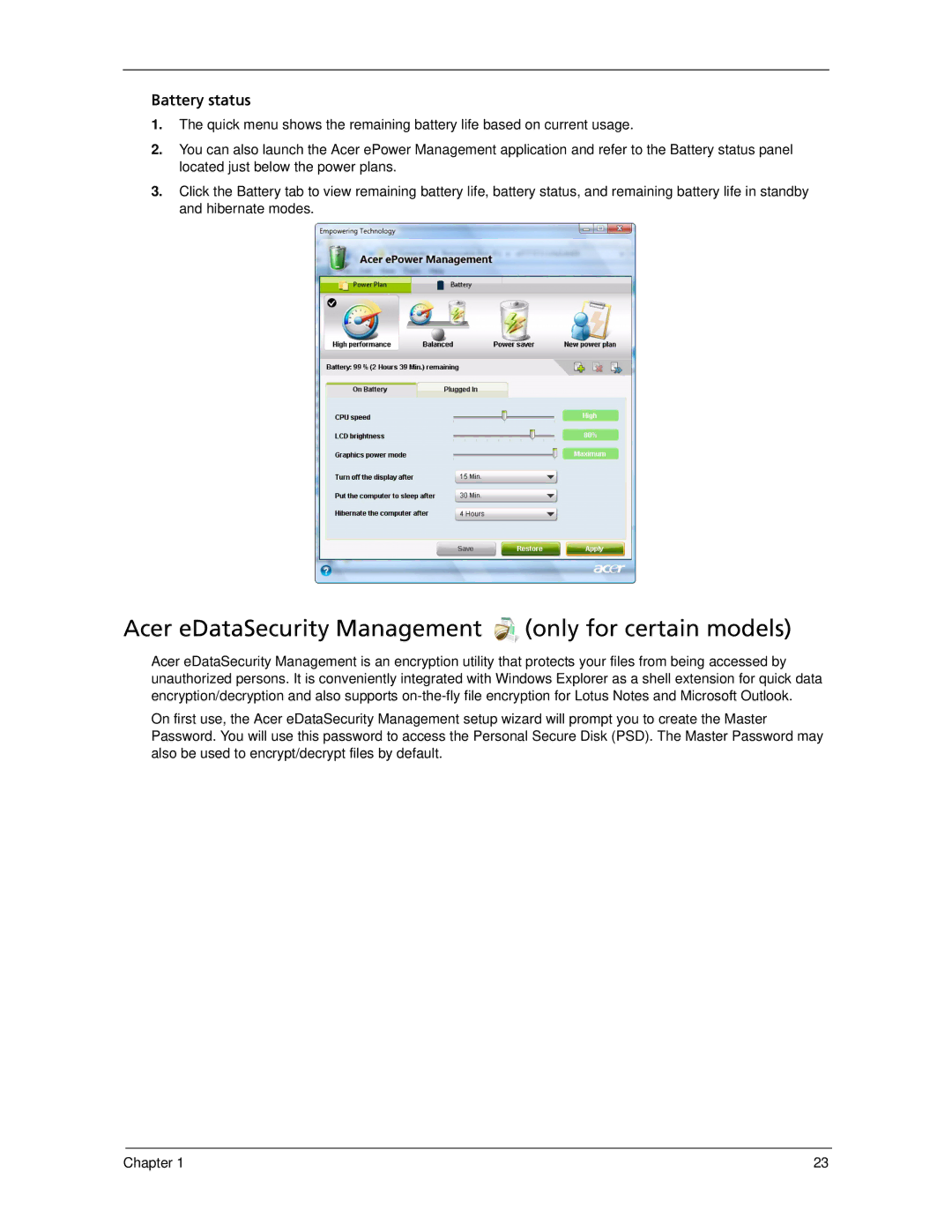 Acer 5930Z, 5730Z manual Acer eDataSecurity Management only for certain models, Battery status 