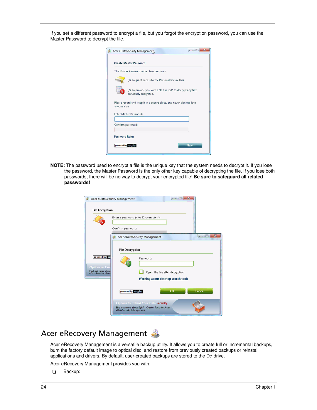 Acer 5730Z, 5930Z manual Acer eRecovery Management, Passwords 