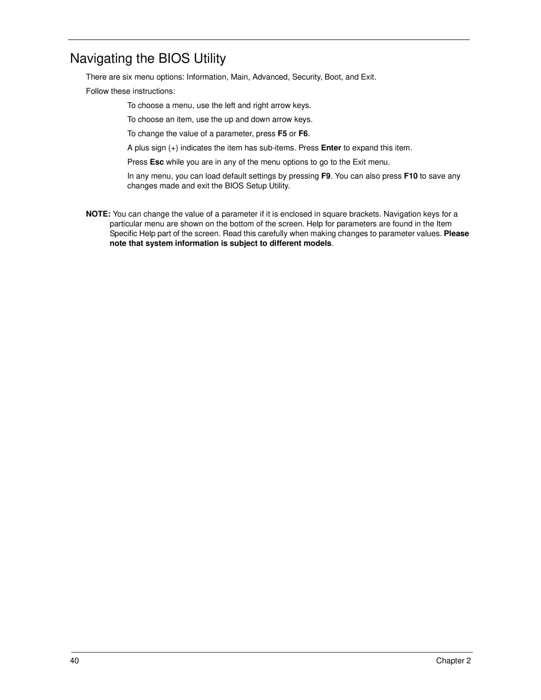 Acer 5730Z, 5930Z manual Navigating the Bios Utility 