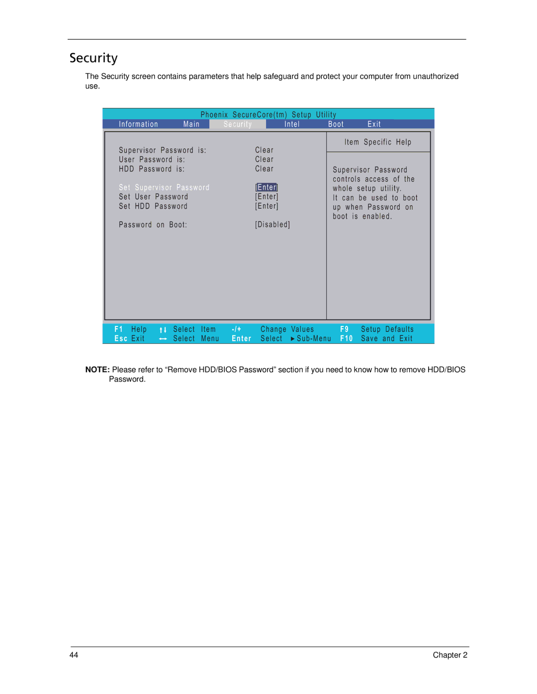 Acer 5730Z, 5930Z manual Security, F10 S a v e a n d E x i t 