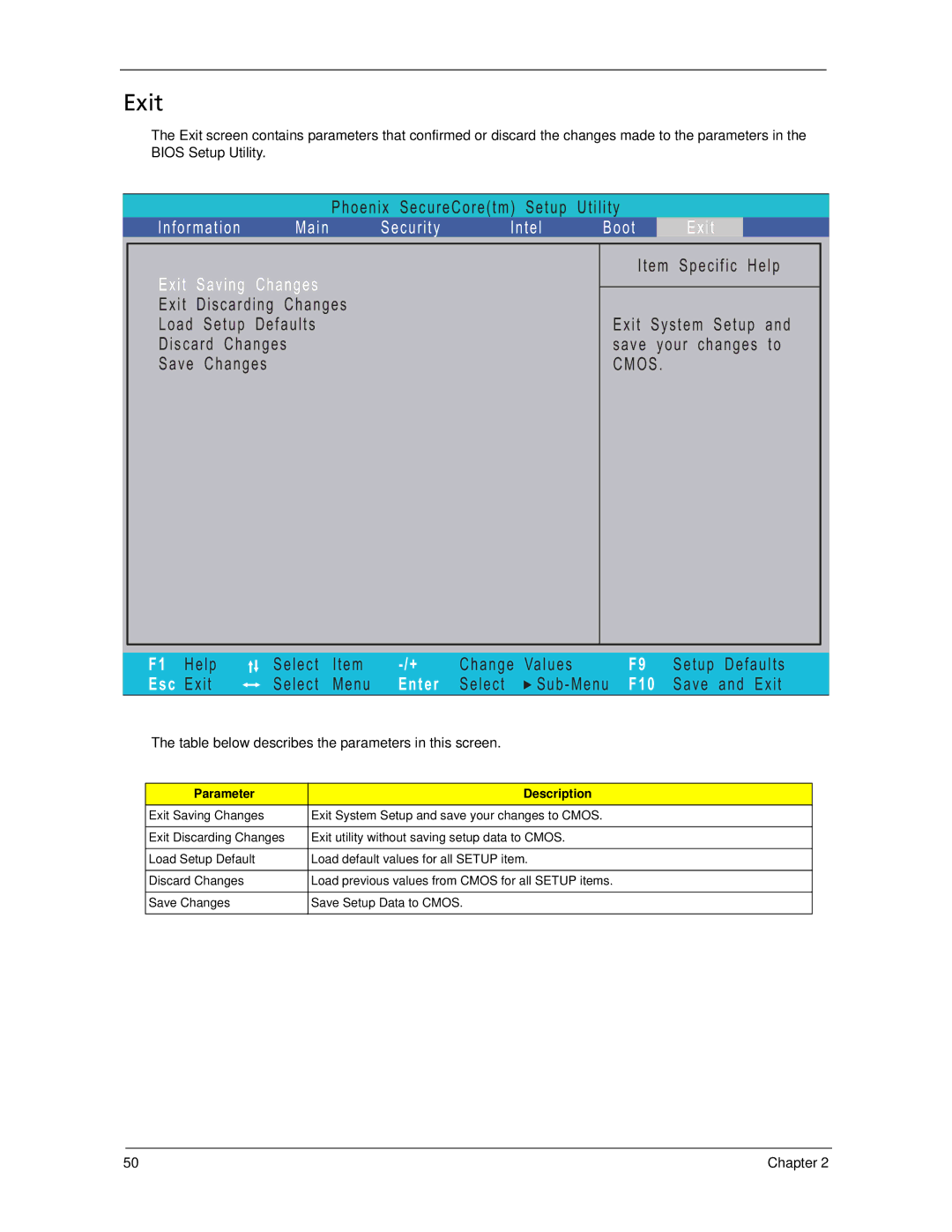 Acer 5730Z, 5930Z manual Exit, Table below describes the parameters in this screen 