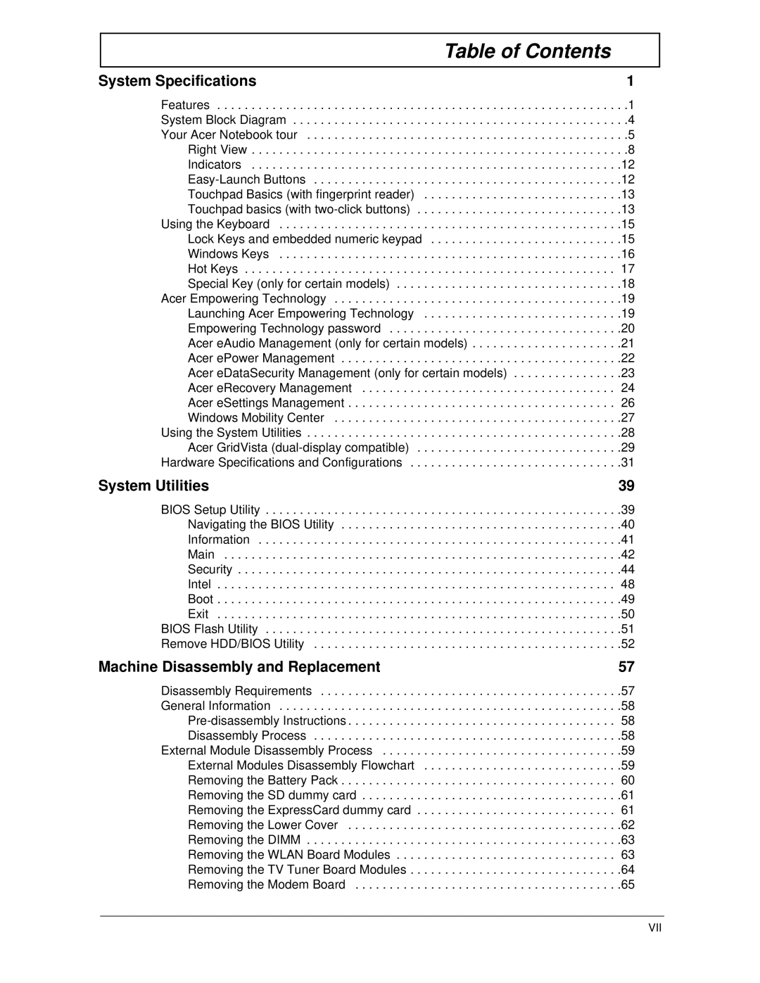 Acer 5930Z, 5730Z manual Table of Contents 