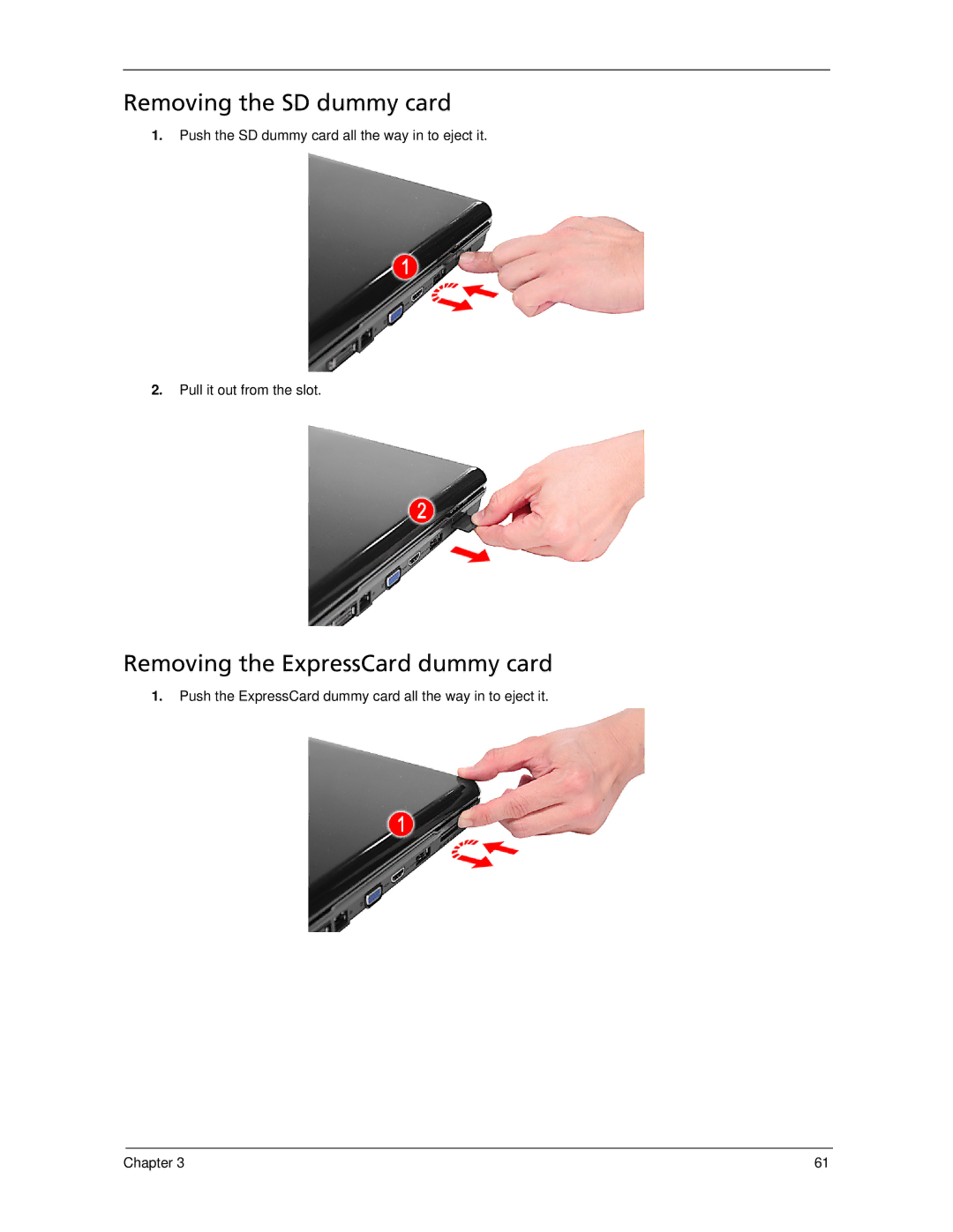 Acer 5930Z, 5730Z manual Removing the SD dummy card, Removing the ExpressCard dummy card 