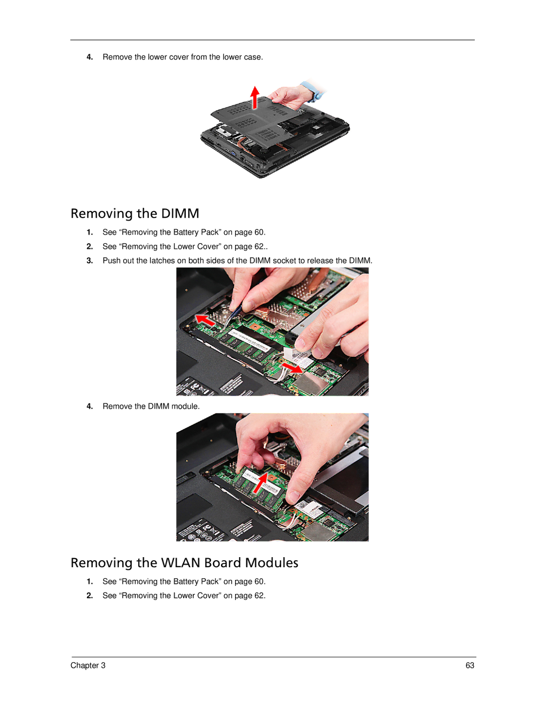 Acer 5930Z, 5730Z manual Removing the Dimm, Removing the Wlan Board Modules, Remove the lower cover from the lower case 