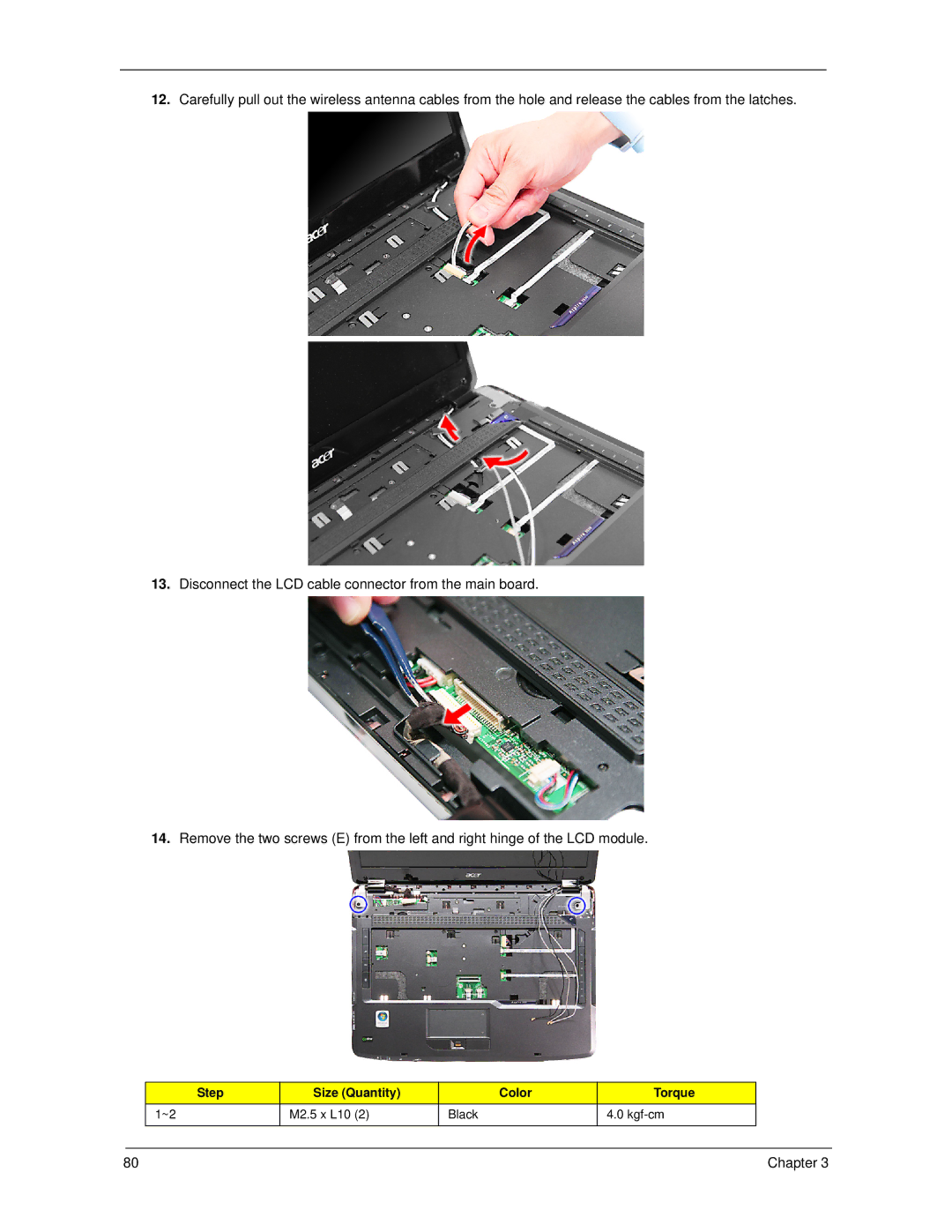 Acer 5730Z, 5930Z manual M2.5 x L10 Black Kgf-cm Chapter 