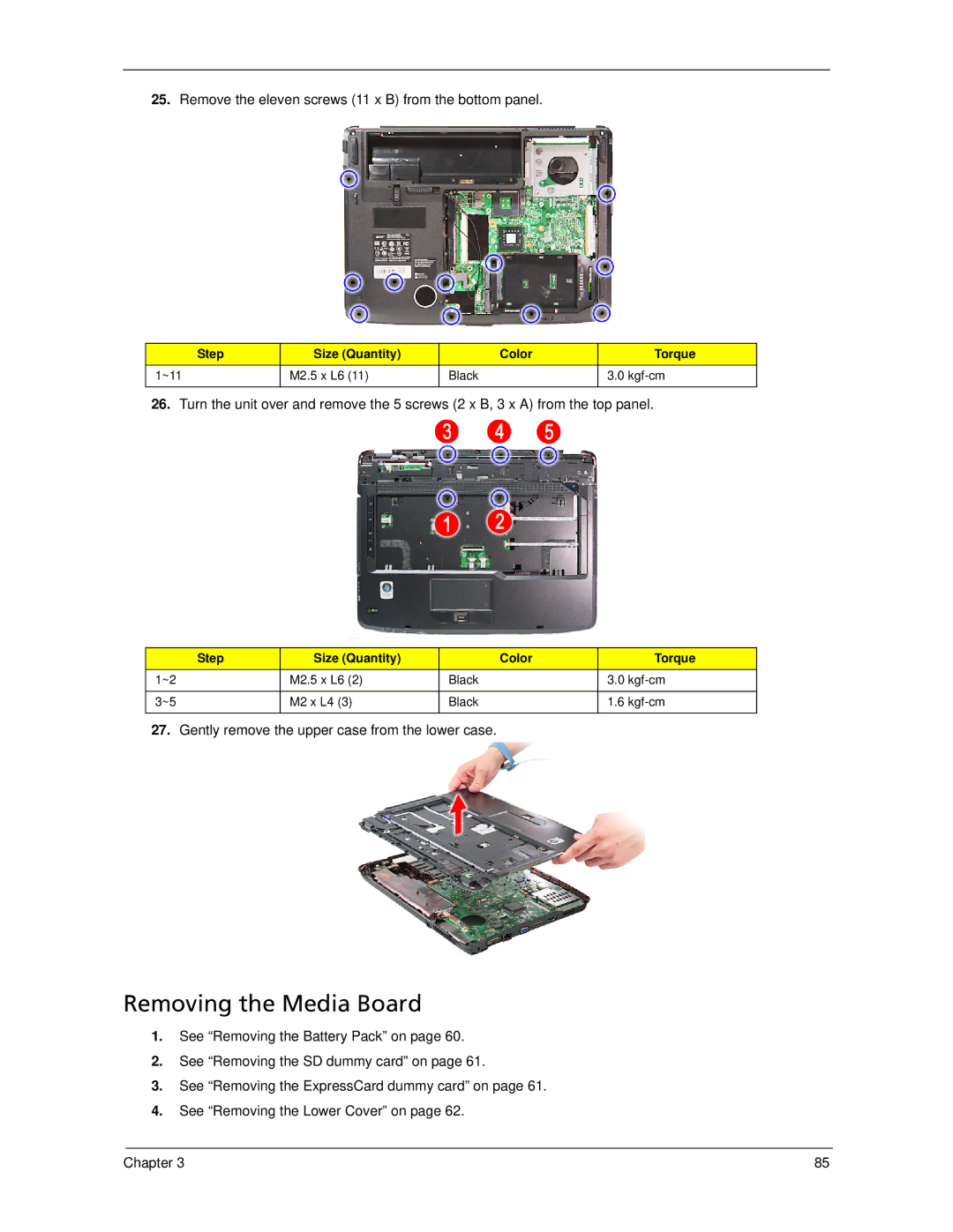 Acer 5930Z, 5730Z manual Removing the Media Board, Remove the eleven screws 11 x B from the bottom panel 