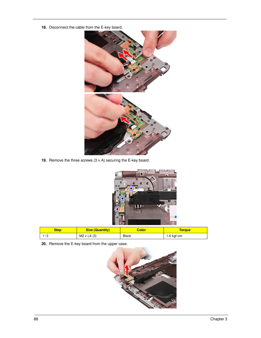 Acer 5730Z, 5930Z manual Remove the E-key board from the upper case 