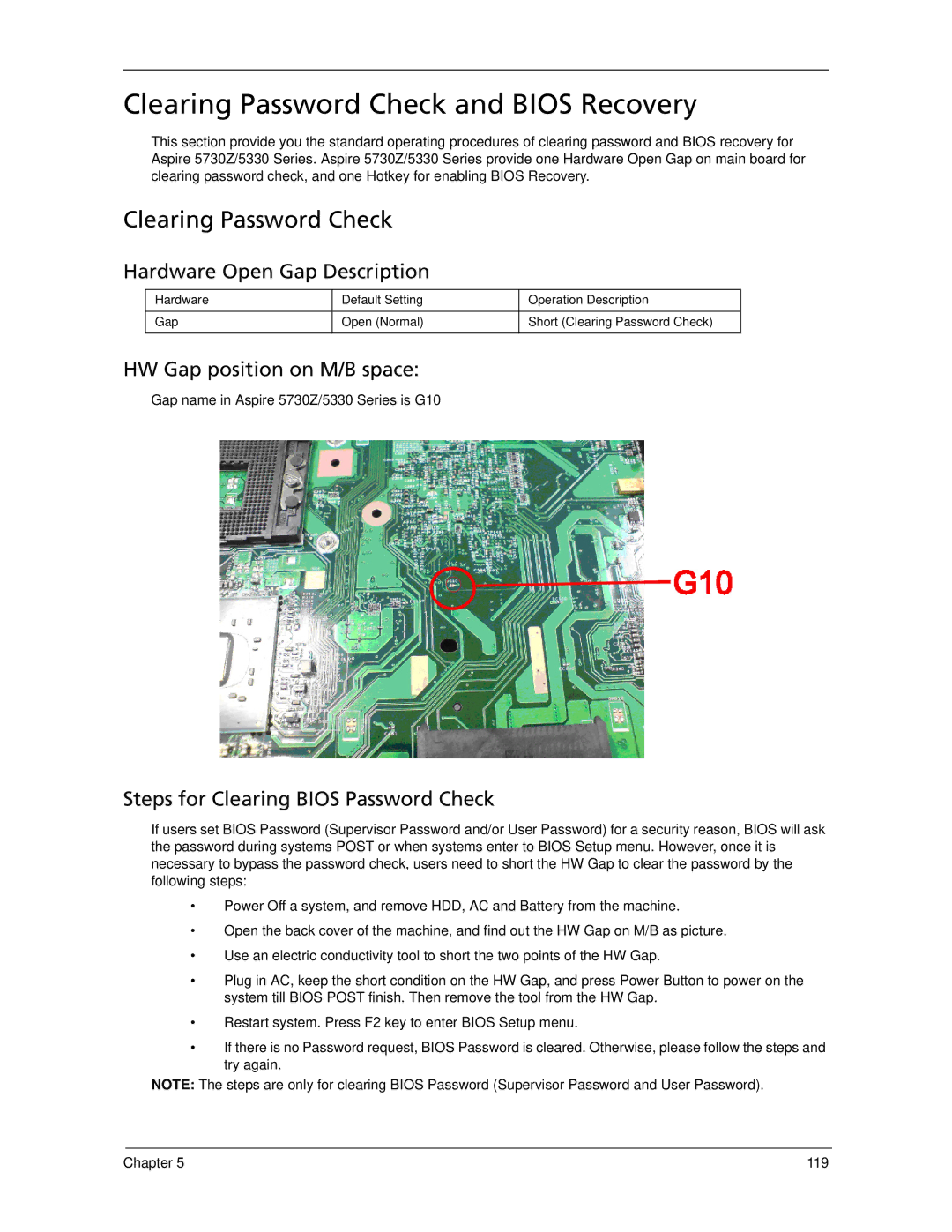 Acer manual Clearing Password Check and Bios Recovery, Gap name in Aspire 5730Z/5330 Series is G10 