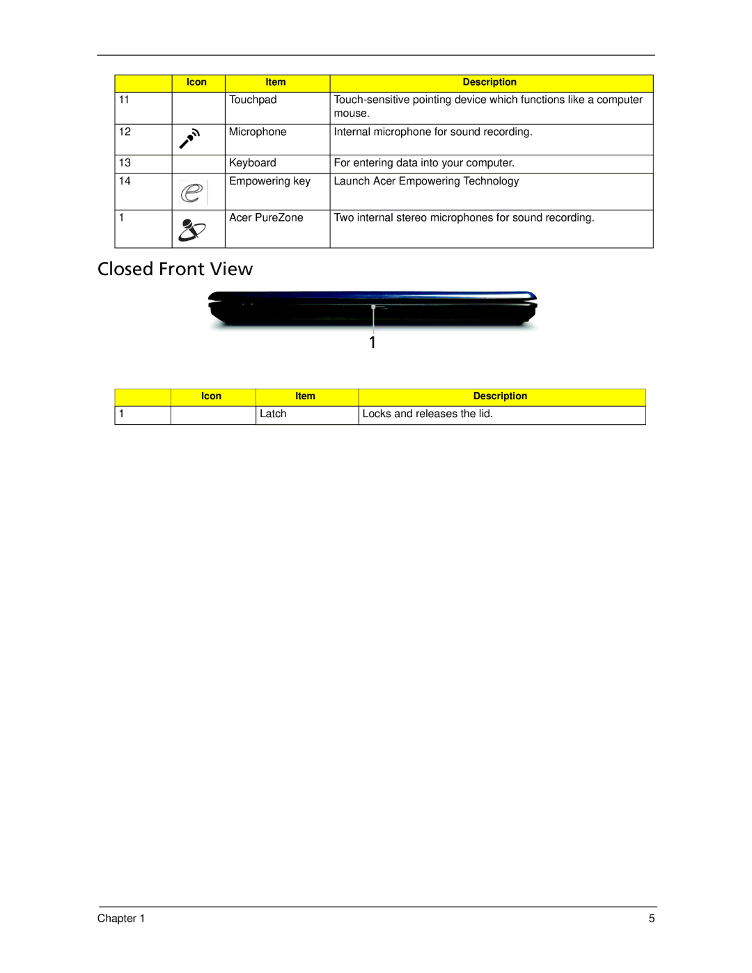 Acer 5730Z/5330 manual Closed Front View, Touchpad, Mouse, Latch 