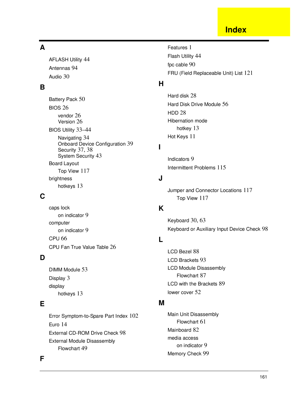 Acer 5730Z/5330 manual Index, 161 