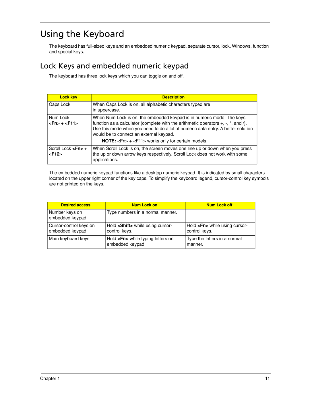 Acer 5730Z/5330 manual Using the Keyboard, Lock Keys and embedded numeric keypad, Fn + F11, F12 