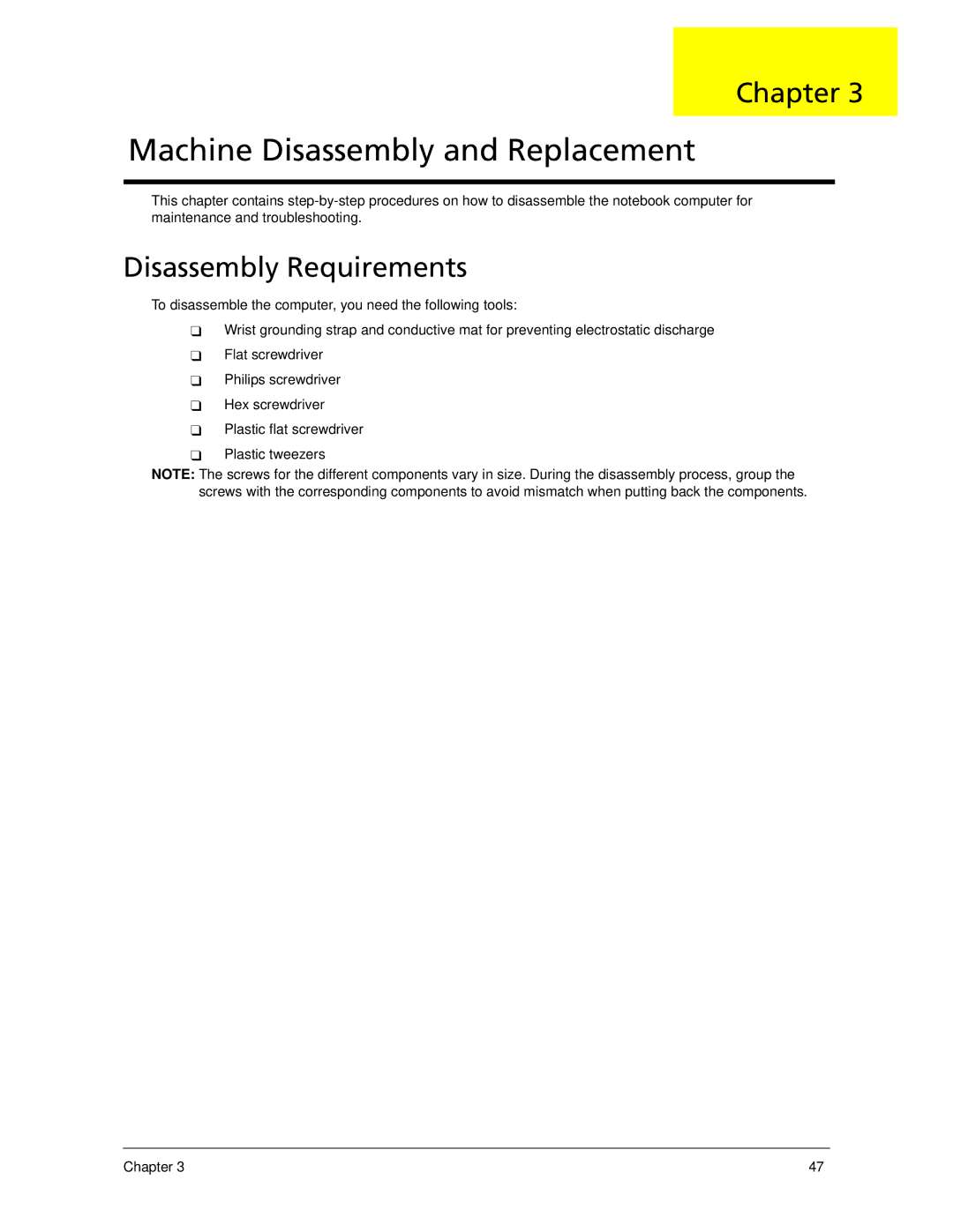 Acer 5730Z/5330 manual Machine Disassembly and Replacement, Disassembly Requirements 