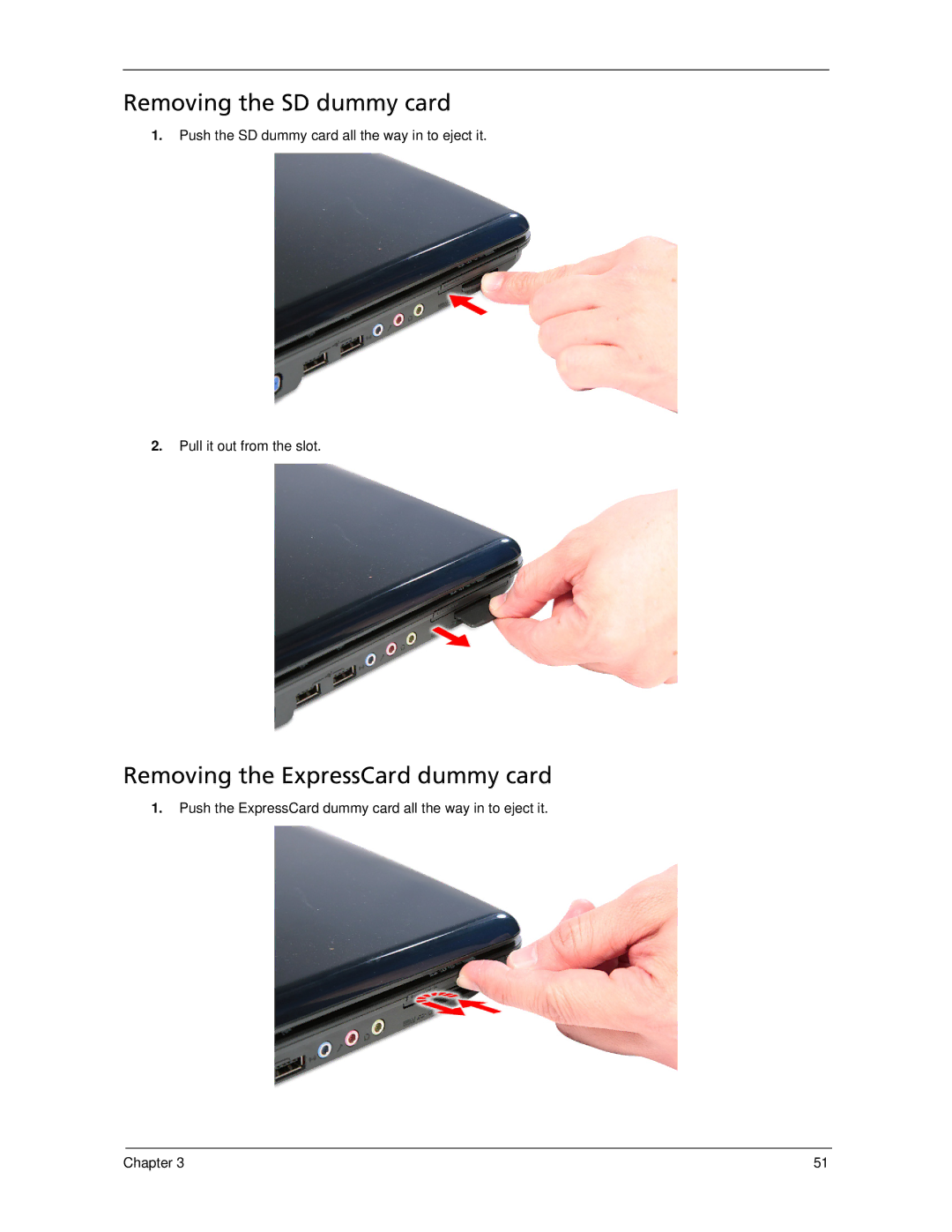 Acer 5730Z/5330 manual Removing the SD dummy card, Removing the ExpressCard dummy card 