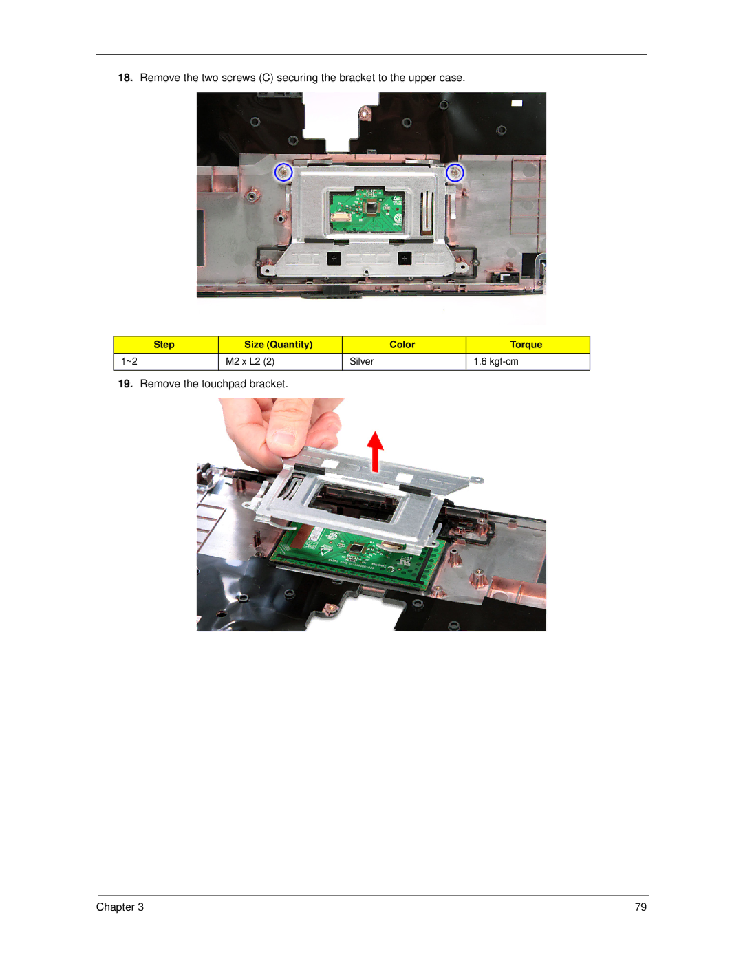 Acer 5730Z/5330 manual Remove the touchpad bracket Chapter 