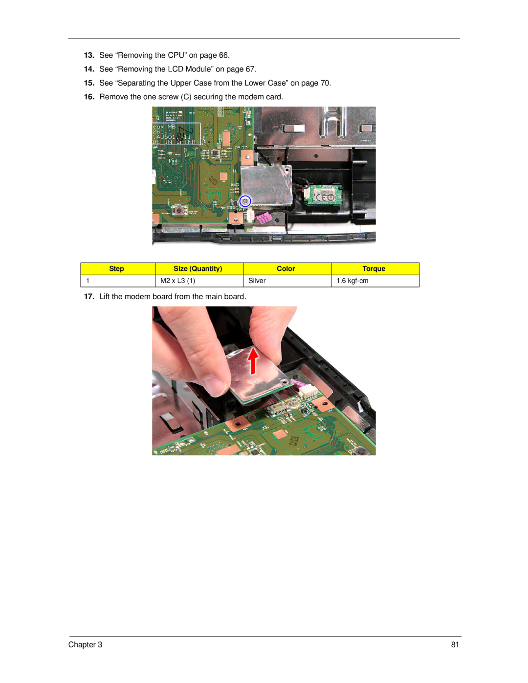 Acer 5730Z/5330 manual Lift the modem board from the main board Chapter 