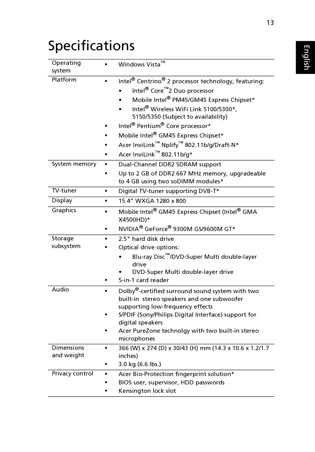 Acer 5730ZG, 5930Z manual Specifications 