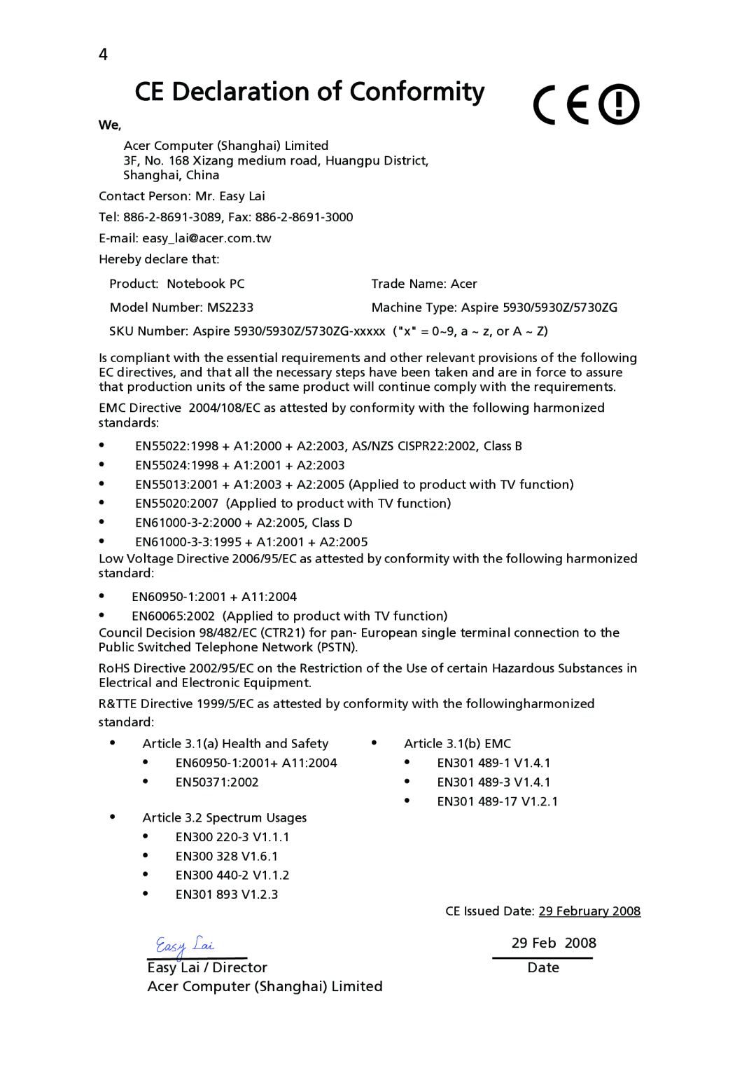 Acer 5730ZG, 5930Z manual CE Declaration of Conformity 