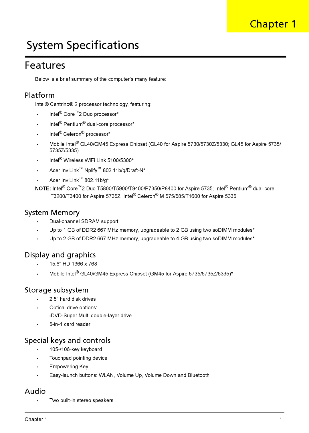 Acer 5735z manual Chapter, Features 