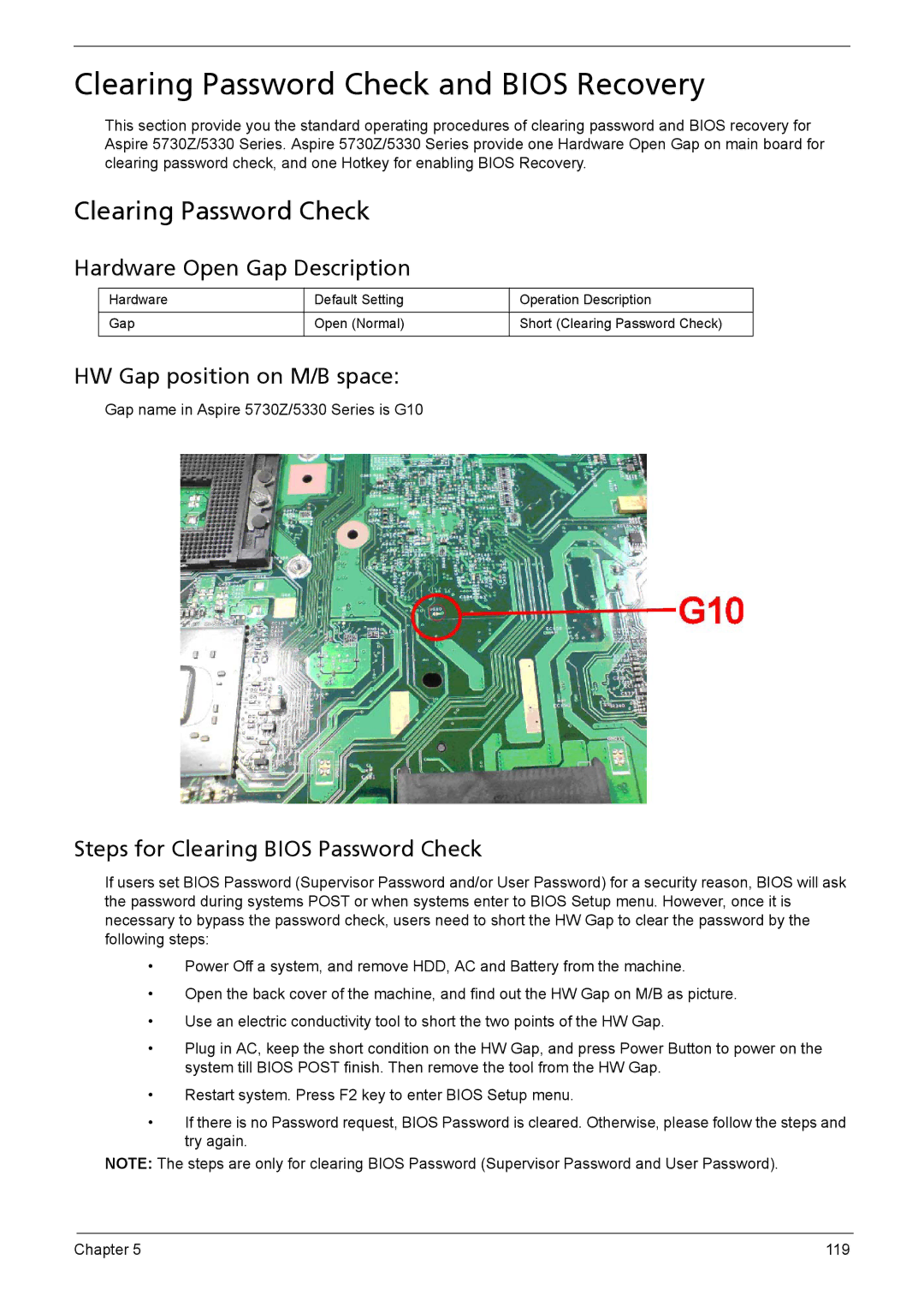 Acer 5735z manual Clearing Password Check and Bios Recovery 