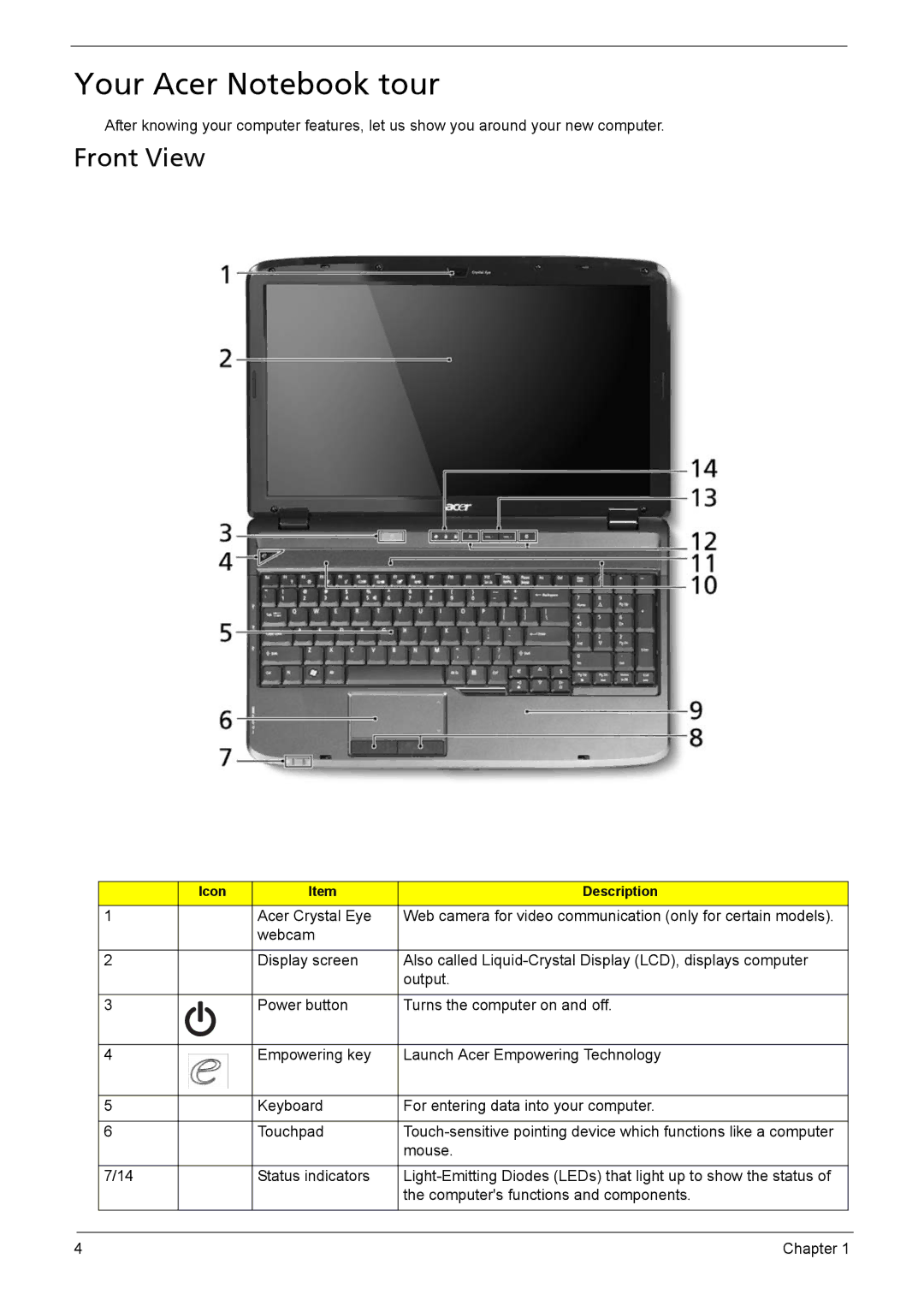 Acer 5735z manual Your Acer Notebook tour, Front View 