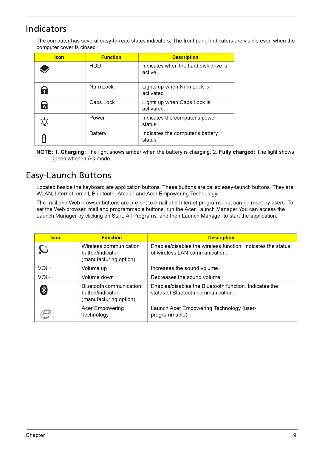 Acer 5735z manual Indicators, Easy-Launch Buttons 