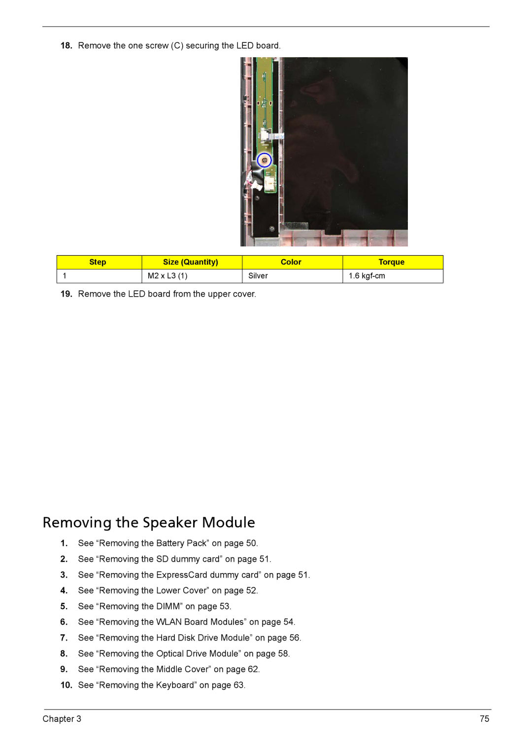 Acer 5735z manual Removing the Speaker Module 