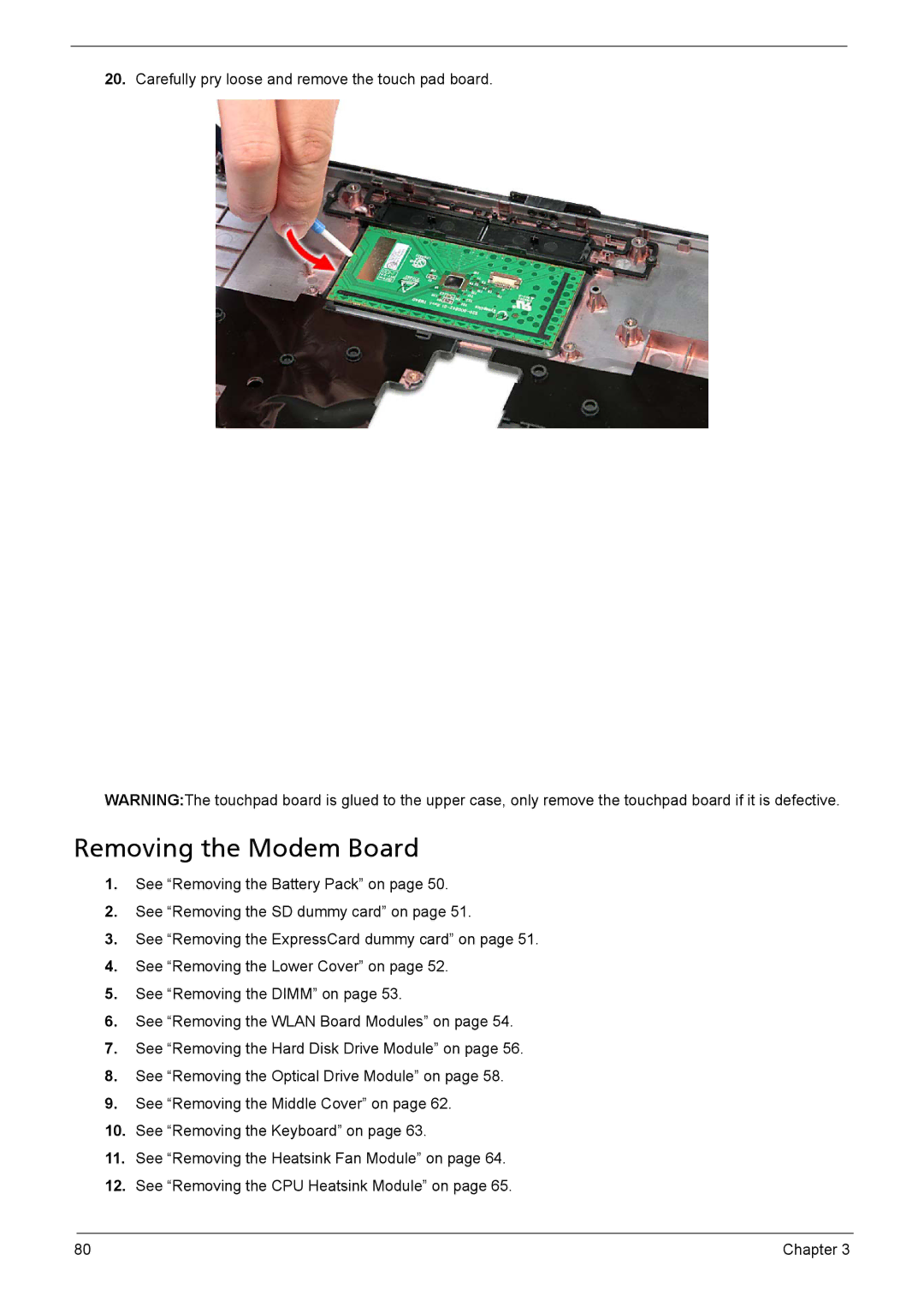 Acer 5735z manual Removing the Modem Board 