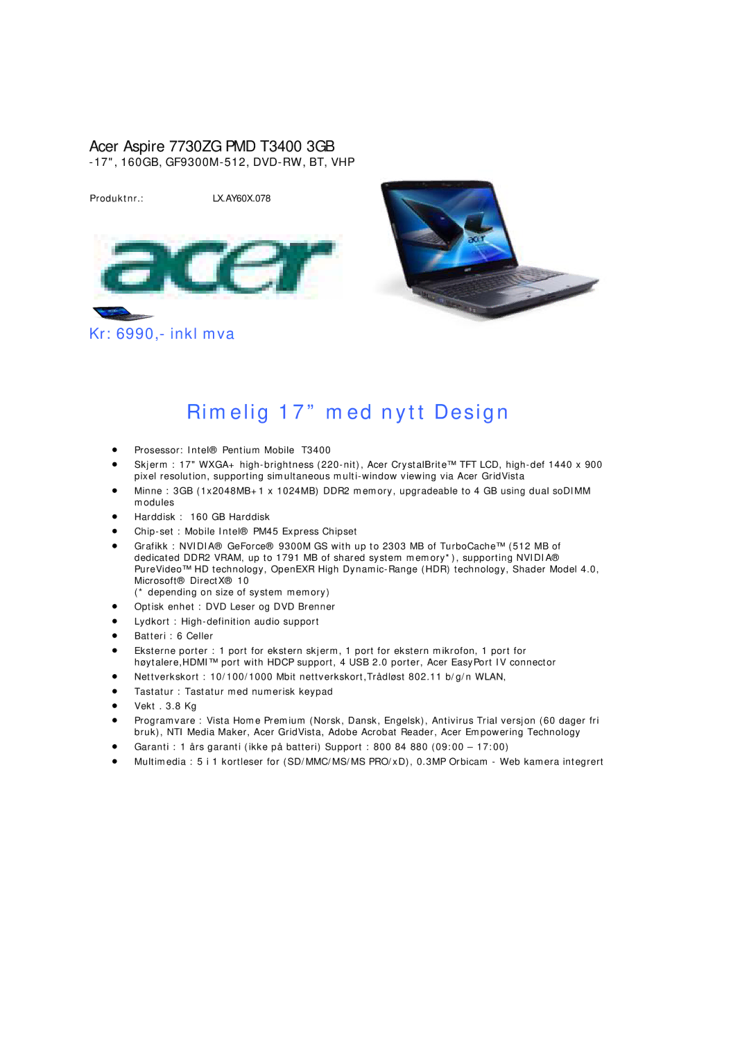 Acer 5735Z PMD T3400 manual Rimelig 17 med nytt Design 