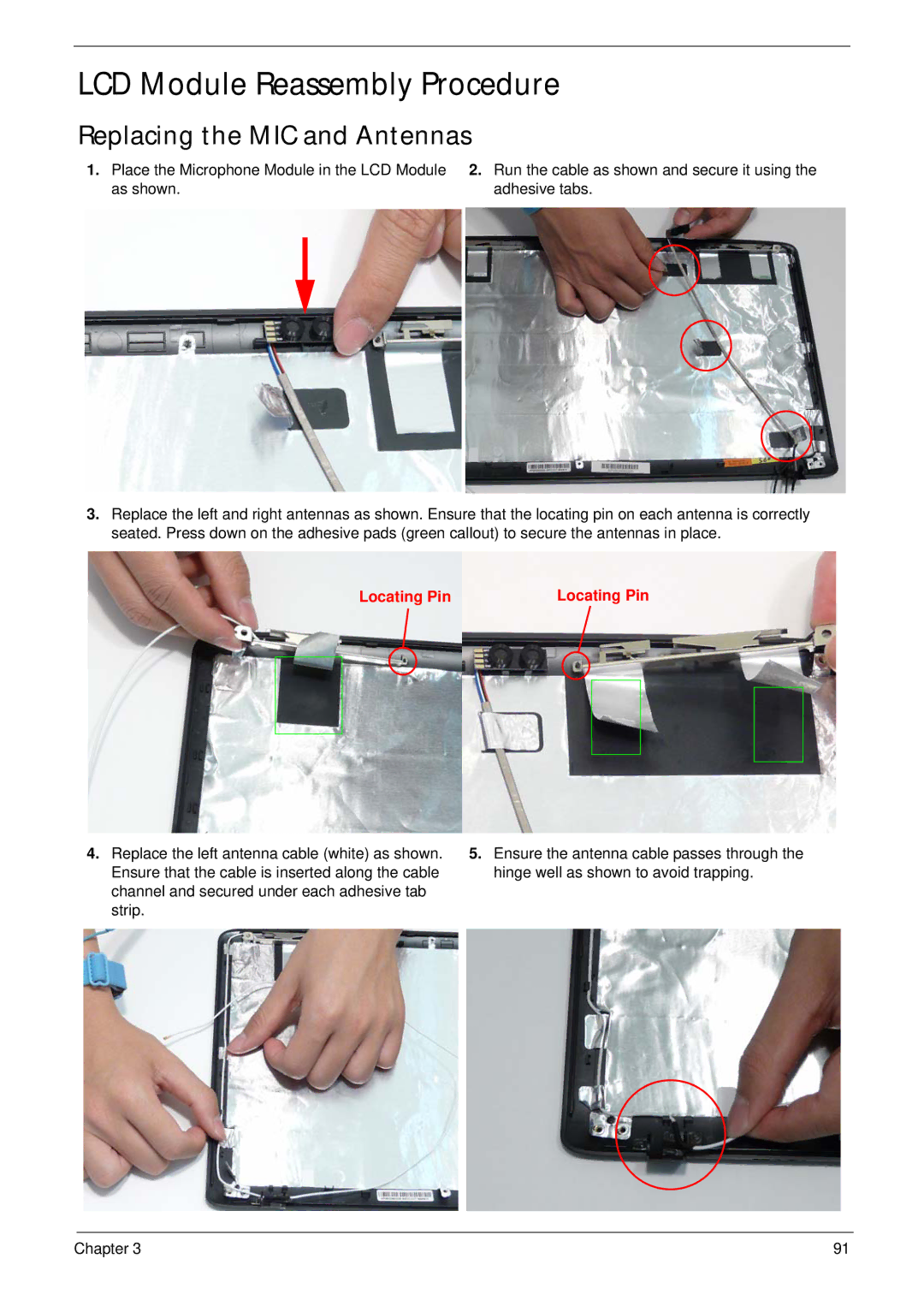 Acer 5737Z manual LCD Module Reassembly Procedure, Replacing the MIC and Antennas 