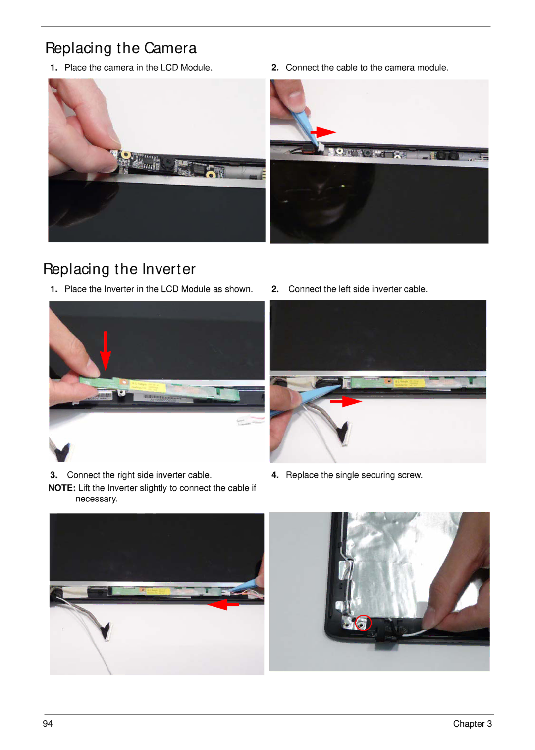 Acer 5737Z manual Replacing the Camera, Replacing the Inverter 