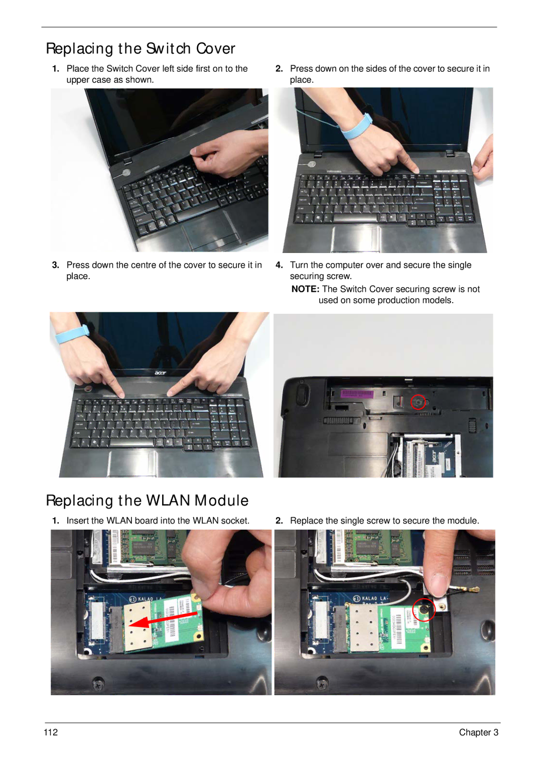 Acer 5737Z manual Replacing the Switch Cover, Replacing the Wlan Module, Insert the Wlan board into the Wlan socket 