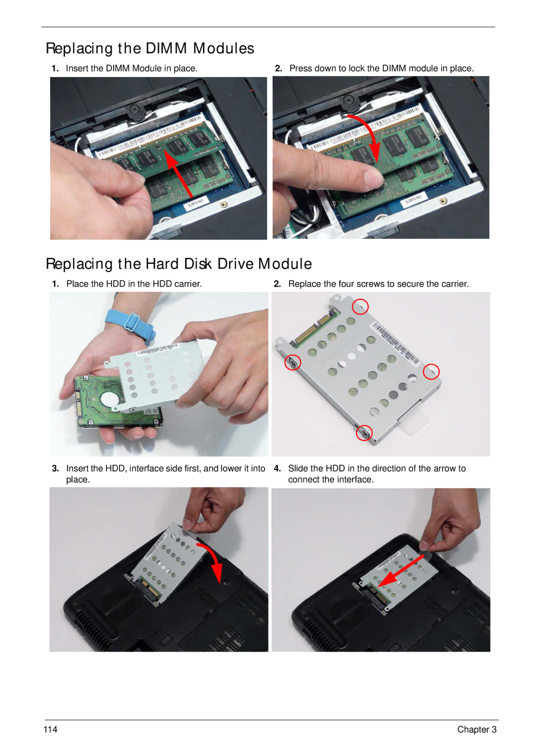 Acer 5737Z manual Replacing the Dimm Modules, Replacing the Hard Disk Drive Module, Place the HDD in the HDD carrier 